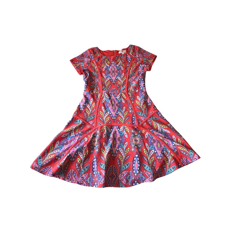 GB Girls Red Paisley Fit and Flare Dress Short Sleeve Size 12 Boho Party